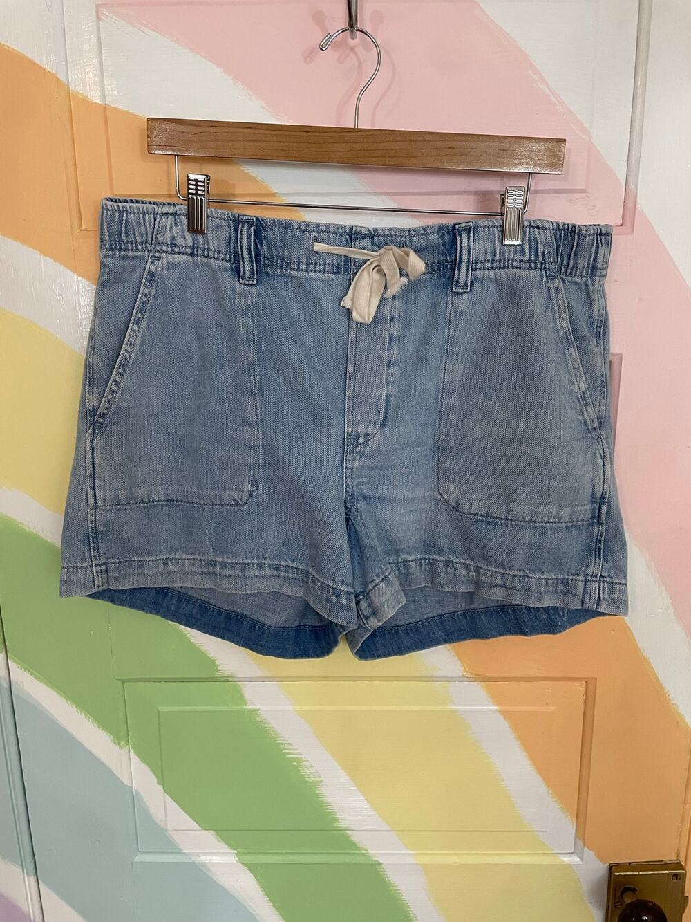 Gap Easy Denim Utility Shorts Large Light Wash Drawstring Pull On Relaxed